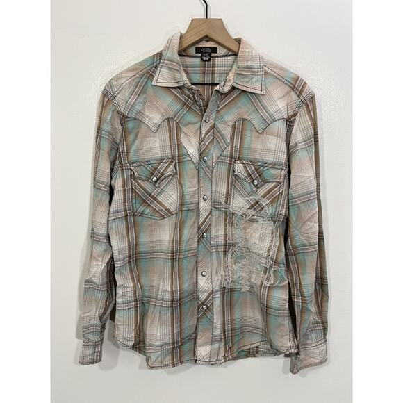 Plaid Embroidery Dragon Asian Pearl Snap M Cowboy Western Ranch Outdoor Rodeo - Picture 1 of 15